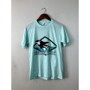 1989 Vintage Jerzees M Medium Light Blue Oregon Coast Whale Graphic Tee VTG 80s